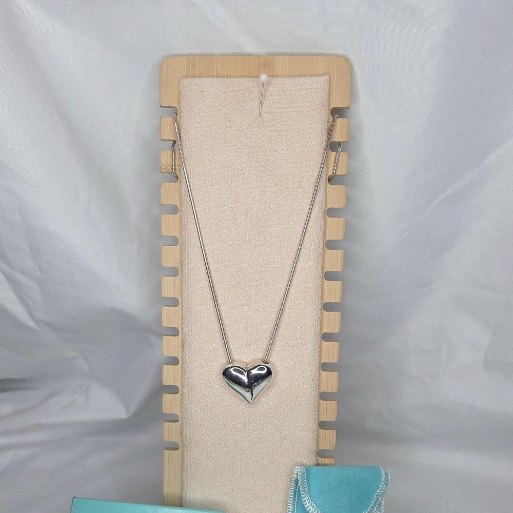 Tiffany & Co Sterling Silver 925 Puffy Heart Pendant Snake Chain Necklace
